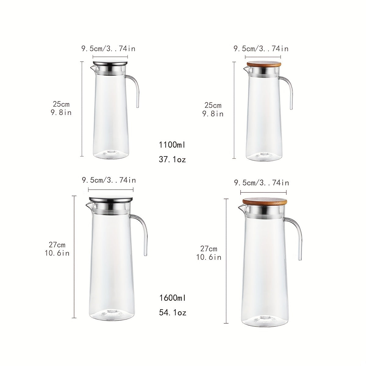Rynx | Water Pitcher with Lid – 37.1oz/54.1oz Heavy Duty Drink Pitcher – Stainless Steel or Wooden Lid – Ideal for Juice, Bubble Tea, Summer Drinks – Kitchen and Home