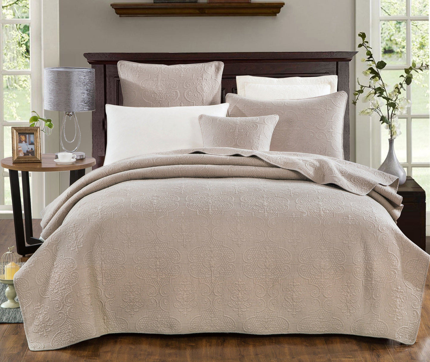 Rynx | Neutral Taupe Beige Sandy Elegant Matelassé Cotton Quilted Bedspread Set