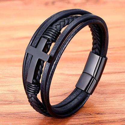 RYNX | Bracelet - Leather Bracelet With Steel Cross Black