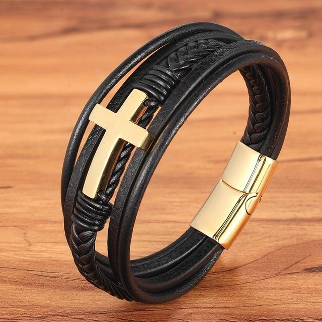 RYNX | Bracelet - Leather Bracelet With Steel Cross Gold