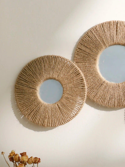 Rynx | Round decorative wall mirror in boho style with woven hemp rope