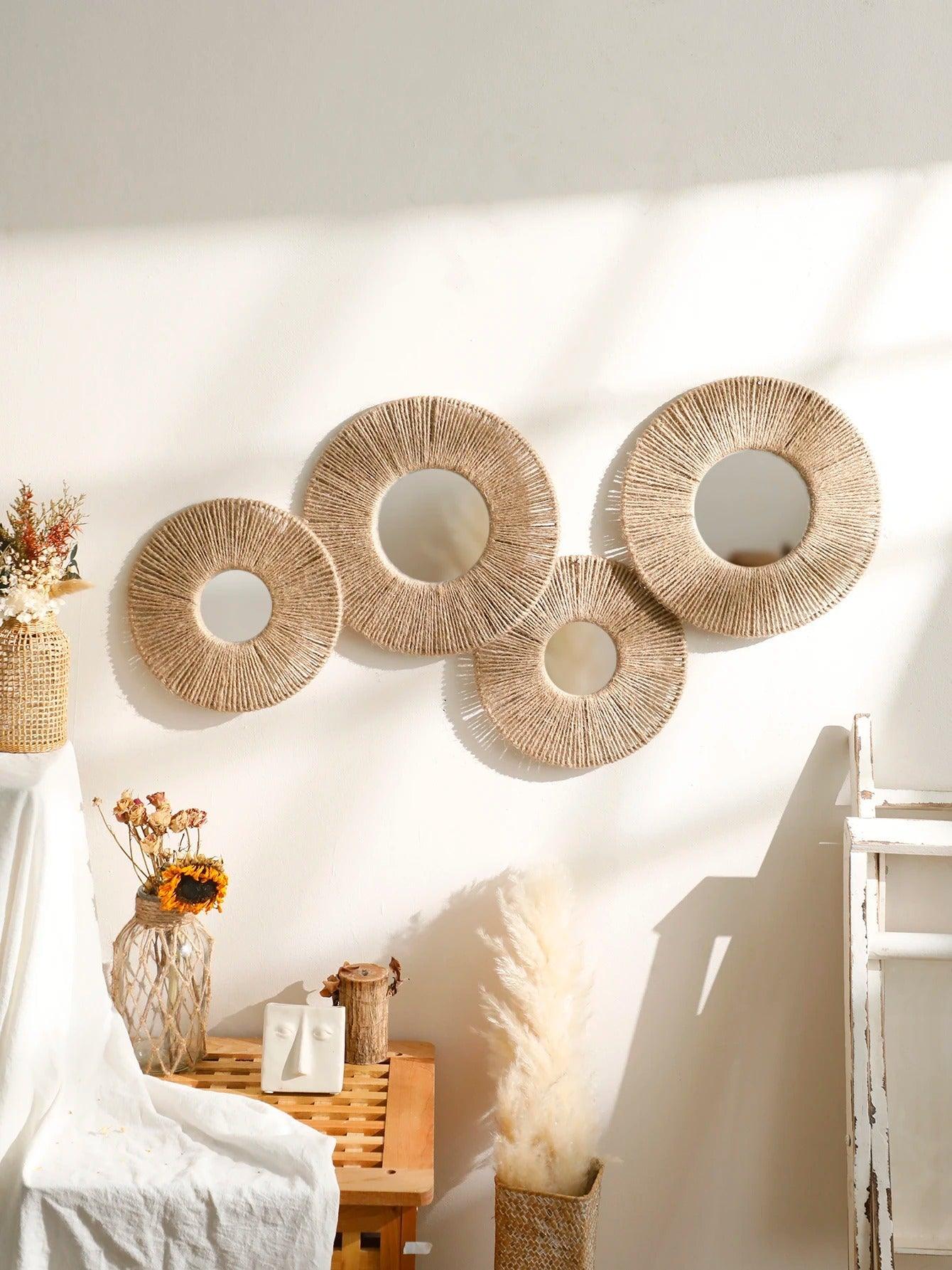 Rynx | Round decorative wall mirror in boho style with woven hemp rope