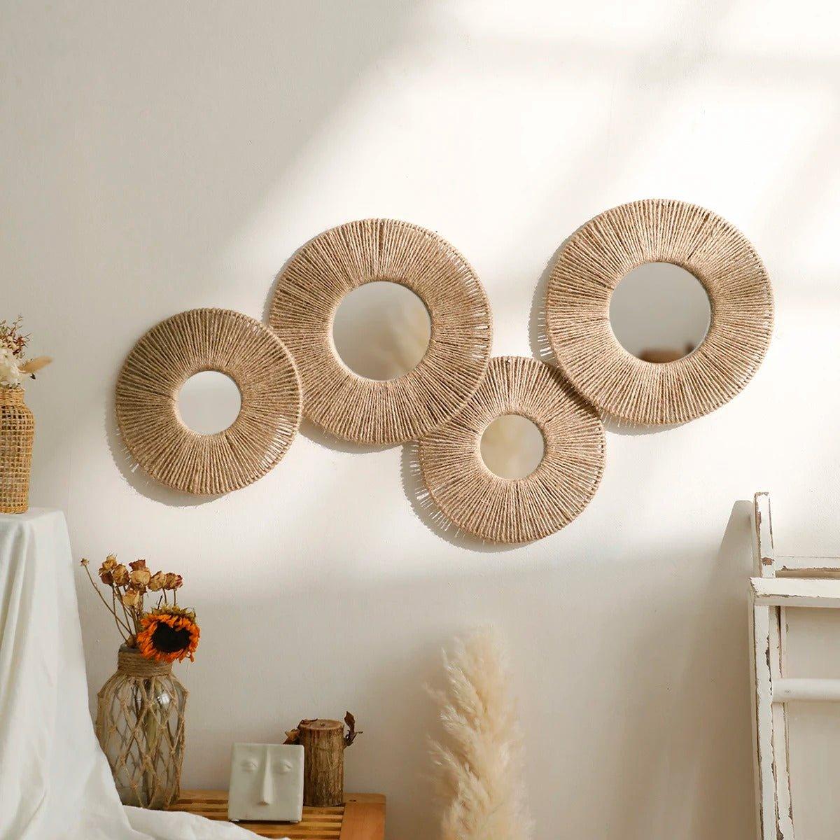 Rynx | Round decorative wall mirror in boho style with woven hemp rope
