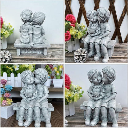 Rynx | Boy Kissing Girl Statue Sitting on Bench Figure