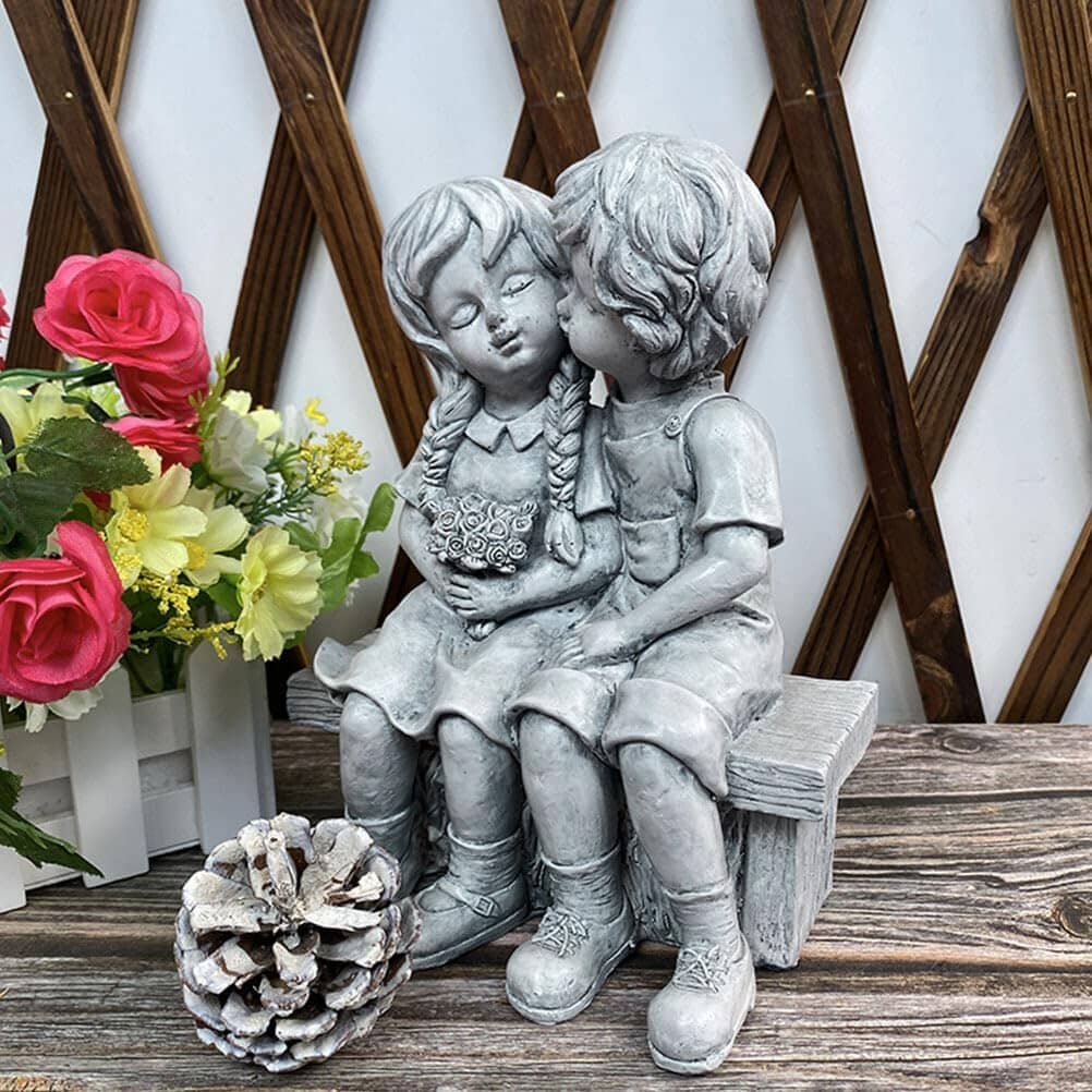 Rynx | Boy Kissing Girl Statue Sitting on Bench Figure