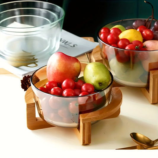 Rynx | Faridabio - Bamboo & Glass Fruit Bowl Set with Wooden Stand