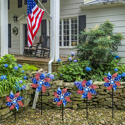 Rynx | 10 Pack Reflective Windmills Patriotic Decorations, American Flag on Stick Wind Spinner with Support for Independence Day, Memorial Day July 4th Party Supplies, Scare Birds Repellent Devices
