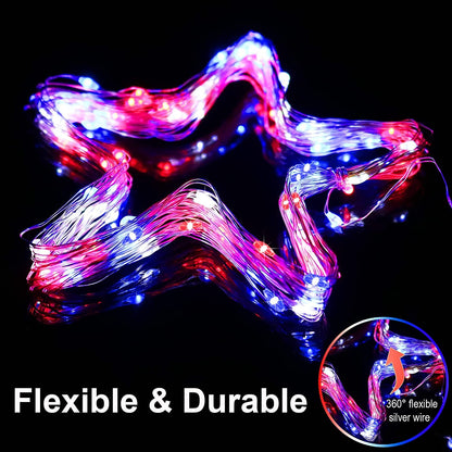 Rynx | July 4 patriotic home decorations outdoor lights - Red White Blue solar string lights, 2-pack each 100 LED 33 feet
