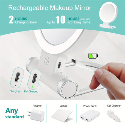 Rynx | 20X/1X Double-Sided Illuminated Tabletop Magnifying Mirror - Adjustable Folding Handle, Cosmetic Mirror for Makeup, Travel, Tweezing, Blackhead Removal - Compact, Portable, Energy-Efficient