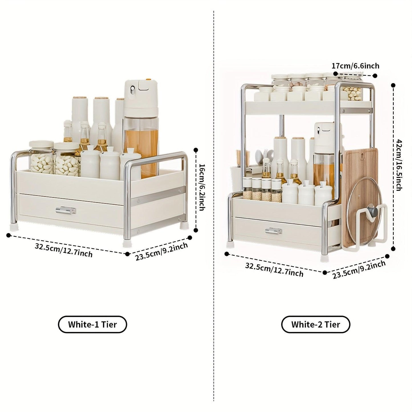 Rynx | Elegant milk-white stainless steel spice organizer with drawers, cutting board, and utensil holder for residential and commercial kitchens