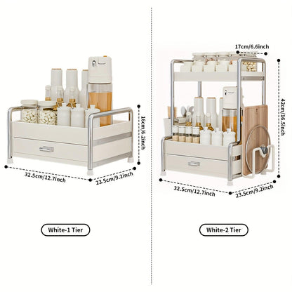 Rynx | Elegant milk-white stainless steel spice organizer with drawers, cutting board, and utensil holder for residential and commercial kitchens