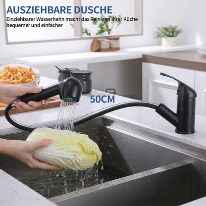 Rynx | Black Faucet Kitchen, Kitchen Faucets with 2 Spray Types Faucet with Pull-Out Spray, Mixing Valve Kitchen for Dual Sink