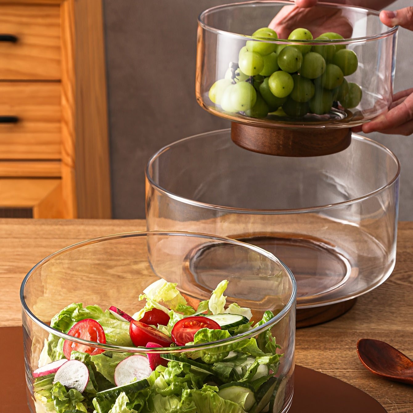 Rynx | GlassServe-Fruit Bowl - Glass fruit bowl with wood base for kitchen table