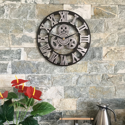Rynx | Oversized Silver Roman Gear Wall Clock - Silent Clock for Living Room, Office, and Kitchen Product Description