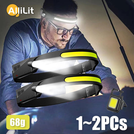 Rynx | 1~2pcs Work Light Sensor COB LED Headlamp Camping Spotlight Outdoor Flashlight USB Rechargeable Headlamp Flashlight 5 Modes