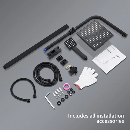 Rynx | Shower system Black Rain shower Shower set without faucet with overhead shower Hand shower Shower column Shower system with diverter angular Shower column for bathroom, black