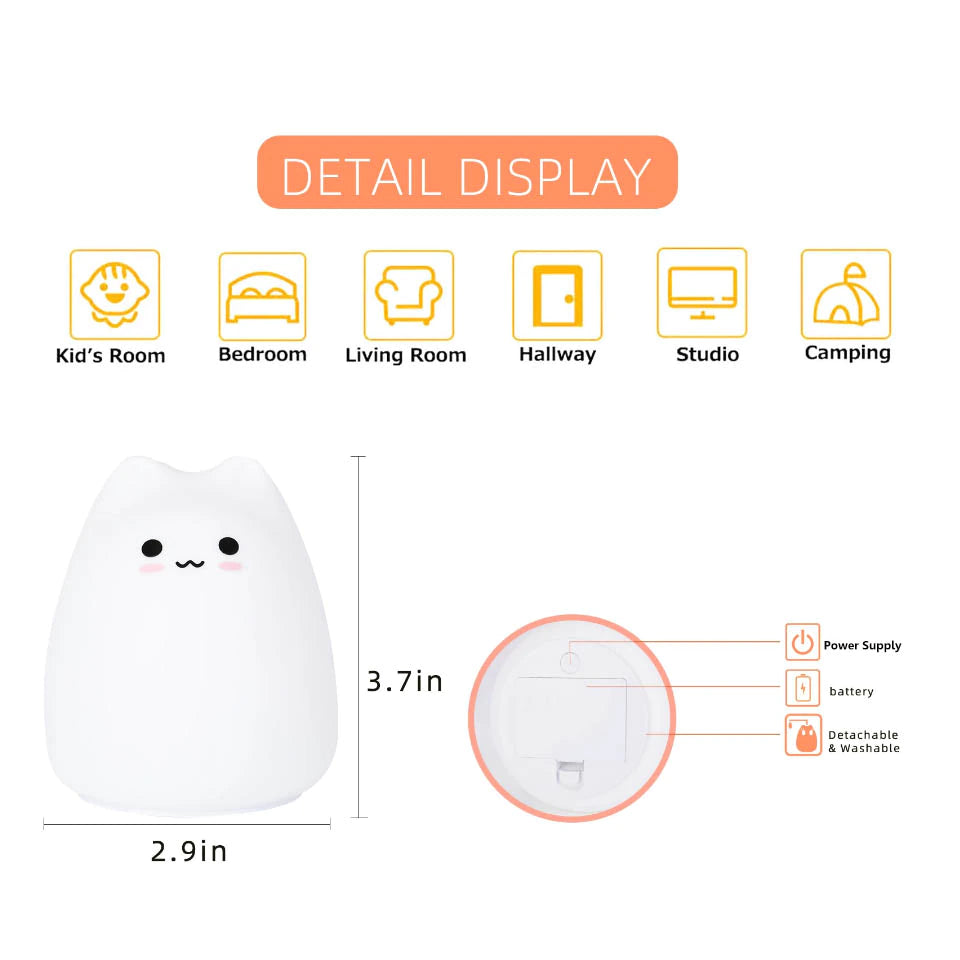 Rynx | Mini Kawaii Popular Cat Baby Night Light 7-Colors Pat Touch Color Changing Eye Protection Bedroom Nightstand Lamp Gift Kids
