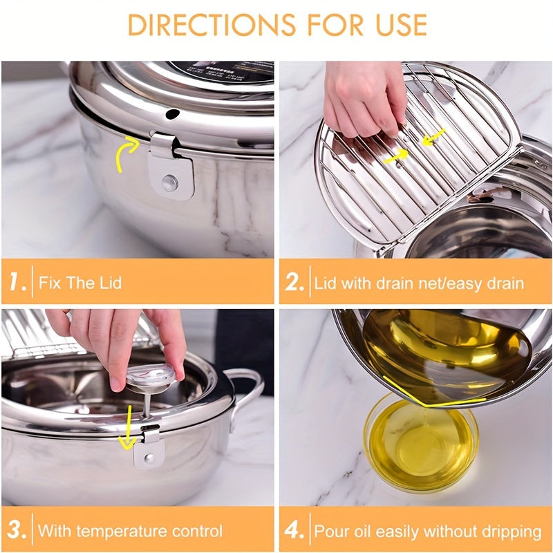 Rynx | 304 Stainless Steel Tempura Fryer Pot – 2.2L, Non-Stick, with Thermometer & Lid for Chicken & Tempura