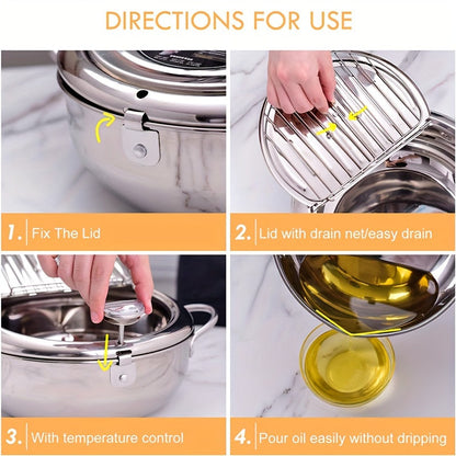 Rynx | 304 Stainless Steel Tempura Fryer Pot – 2.2L, Non-Stick, with Thermometer & Lid for Chicken & Tempura