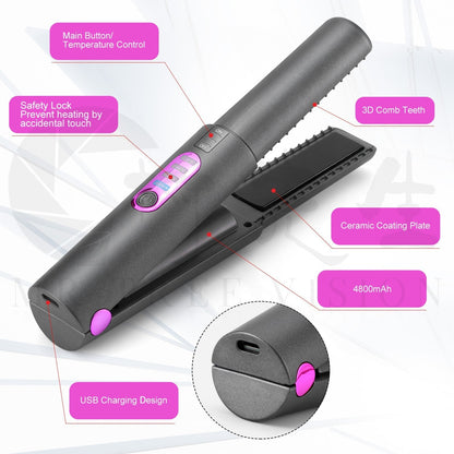 RYNX | USB rechargeable mini wireless ceramic hair straightener for home use