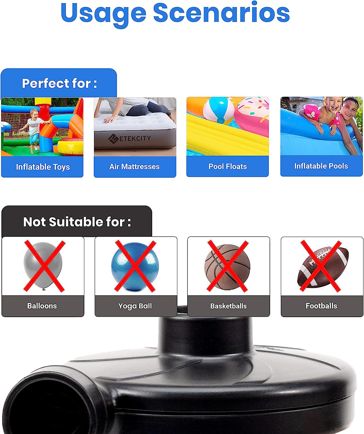 Rynx | Electric Air Pump Air Mattress Portable Pump for Inflatable Furniture, Pool Rafts, Inflatable Pool Float Bed Boat Toy, Quick Fill AC Inflator Deflator with 3 Nozzles, 110-120 Volts, Black