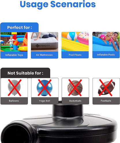 Rynx | Electric Air Pump Air Mattress Portable Pump for Inflatable Furniture, Pool Rafts, Inflatable Pool Float Bed Boat Toy, Quick Fill AC Inflator Deflator with 3 Nozzles, 110-120 Volts, Black