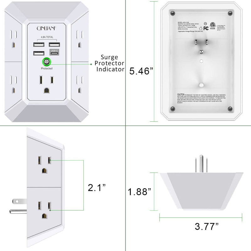 Rynx | Wall Charger Surge Protector, 5-outlet extension with 4 USB ports (4.8A), 1680J power outlet