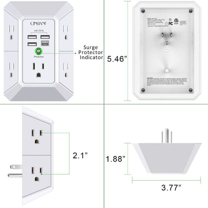 Rynx | Wall Charger Surge Protector, 5-outlet extension with 4 USB ports (4.8A), 1680J power outlet