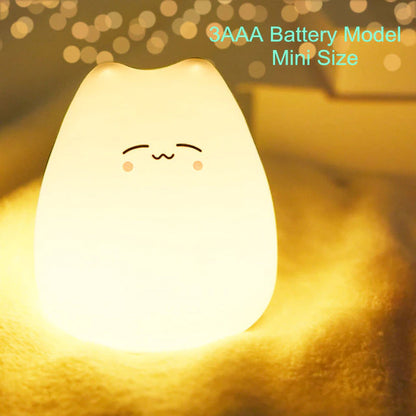 Rynx | Mini Kawaii Popular Cat Baby Night Light 7-Colors Pat Touch Color Changing Eye Protection Bedroom Nightstand Lamp Gift Kids