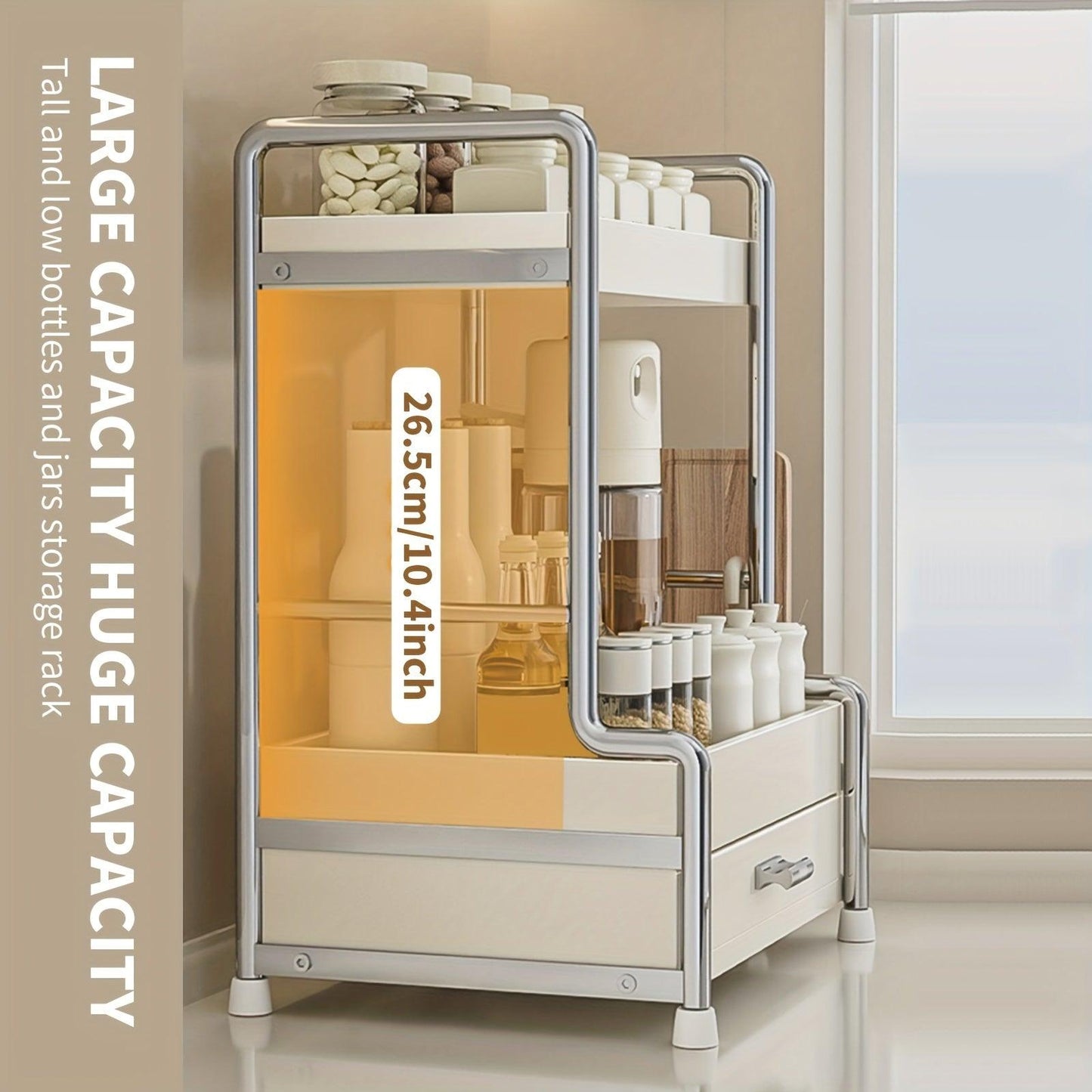 Rynx | Elegant milk-white stainless steel spice organizer with drawers, cutting board, and utensil holder for residential and commercial kitchens