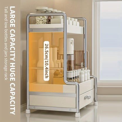 Rynx | Elegant milk-white stainless steel spice organizer with drawers, cutting board, and utensil holder for residential and commercial kitchens