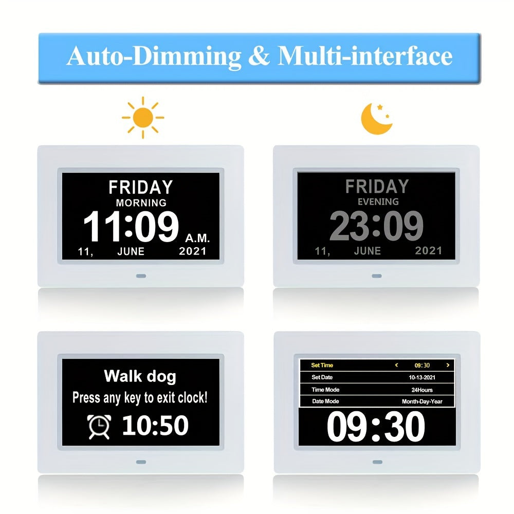 Rynx | 7-Inch Digital Clock for Seniors - Day & Date Display, Customizable Alarms, Medicine Reminders, 3 Modes, Large Font, Ideal for Elderly and Dementia Patients, Black