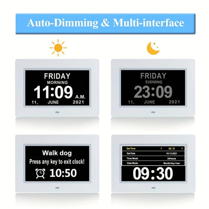 Rynx | 7-Inch Digital Clock for Seniors - Day & Date Display, Customizable Alarms, Medicine Reminders, 3 Modes, Large Font, Ideal for Elderly and Dementia Patients, Black