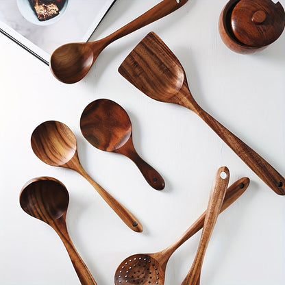 Rynx | 7pcs Premium Teak Wooden Cooking Spoons Set - Ergonomic Non-Stick Spatula with Soft Grip Handle - Perfect for Back to School, Kitchen Essentials, and Culinary Arts