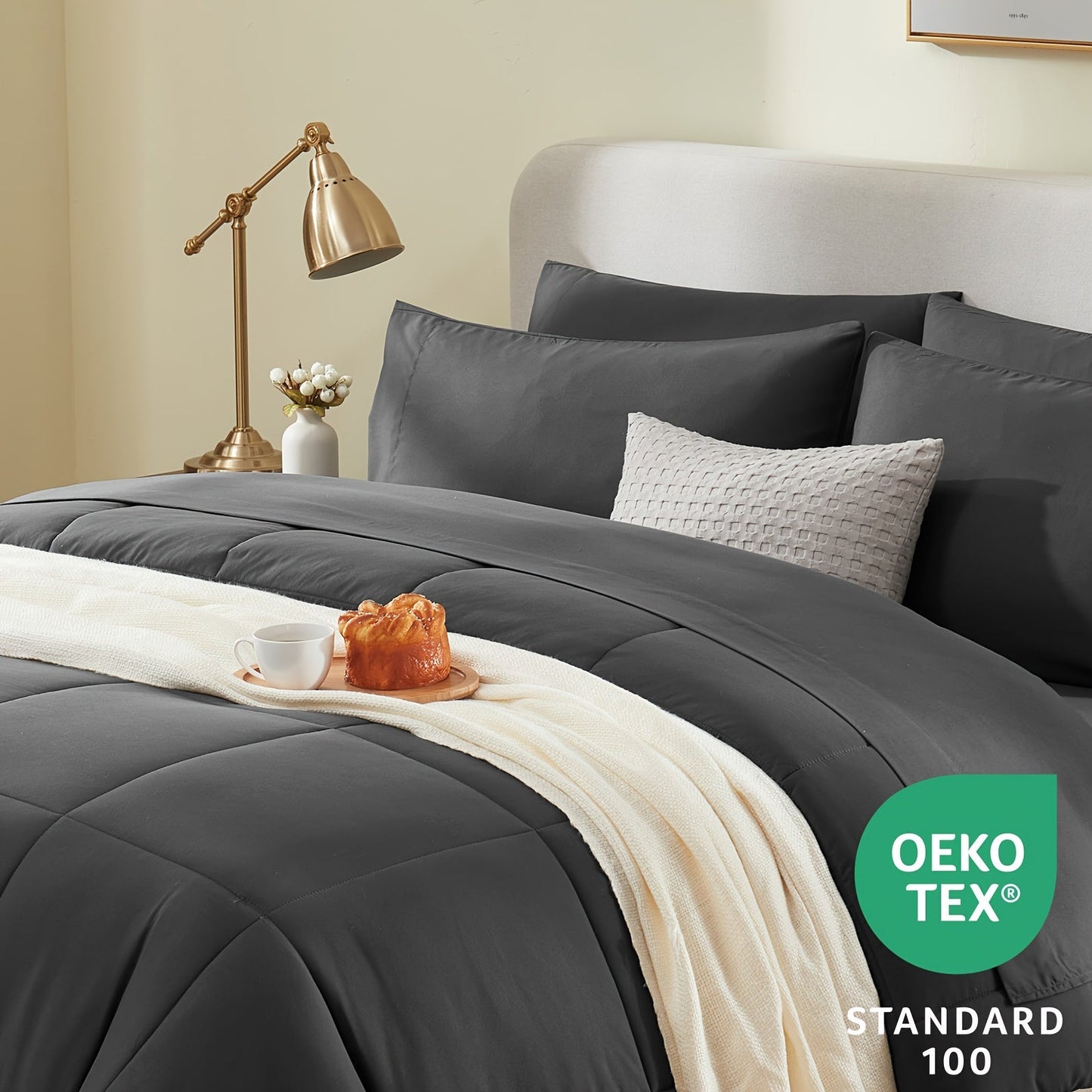 Rynx | 7 Pcs Bed In A Bag - Bedding Set with All Season Quilted Comforter, Flat Sheet, Fitted Sheet, Pillowcases - Black, Queen