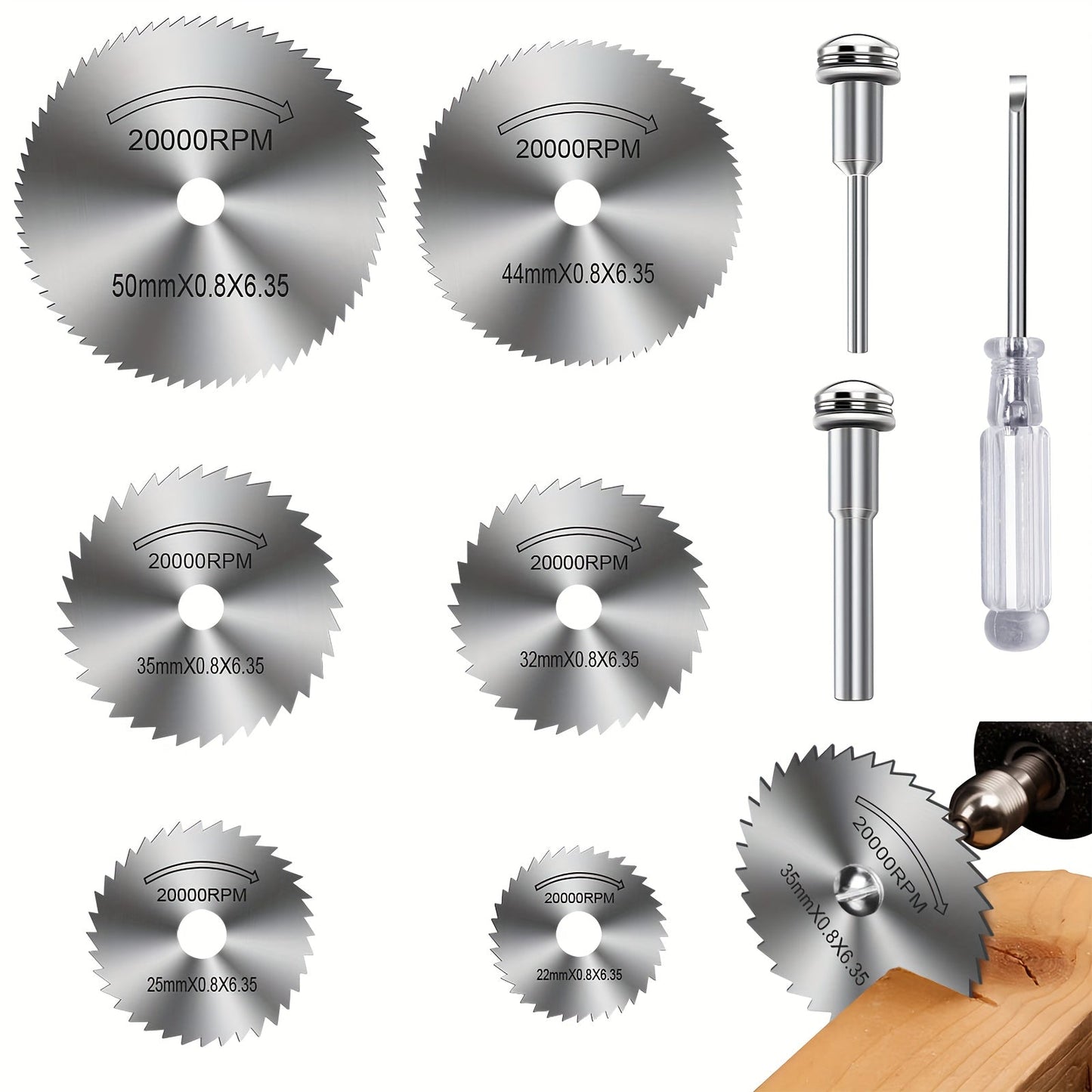Rynx | 9pcs Cutting Wheel Set for Rotary Tools - HSS Saw Blades for Drills, Includes 6 Cutting Discs, 1/8" and 1/4" Round Shanks, Screwdriver for Wood, Plastic and Aluminum Cutting