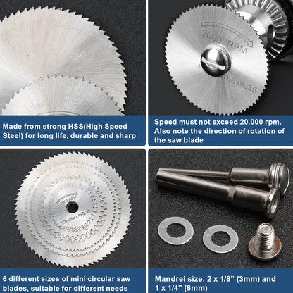 Rynx | 9pcs Cutting Wheel Set for Rotary Tools - HSS Saw Blades for Drills, Includes 6 Cutting Discs, 1/8" and 1/4" Round Shanks, Screwdriver for Wood, Plastic and Aluminum Cutting