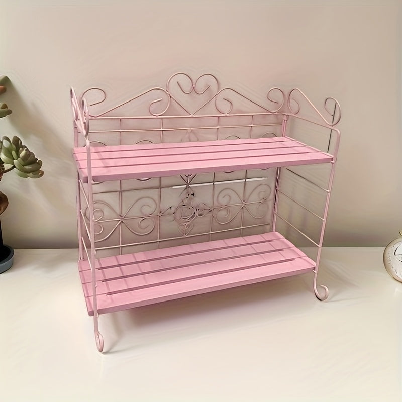 Rynx | 1pc Pink 2-Tier Klappbarer Metall- und Holzlagerregal – Eleganter Thekenorganizer für Schlafzimmer, Küche, Bad, Wohnzimmer oder Gartendekor, Wohnzimmerlagerung, Nutzregale