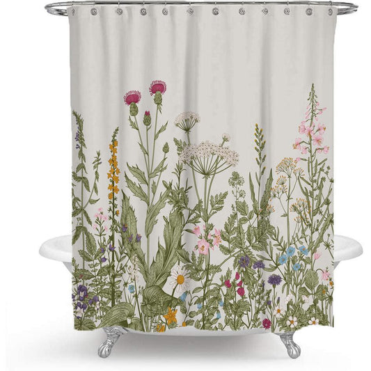Rynx | Colorful Floral Print Polyester Shower Curtain with Nordic Green Leaf Design