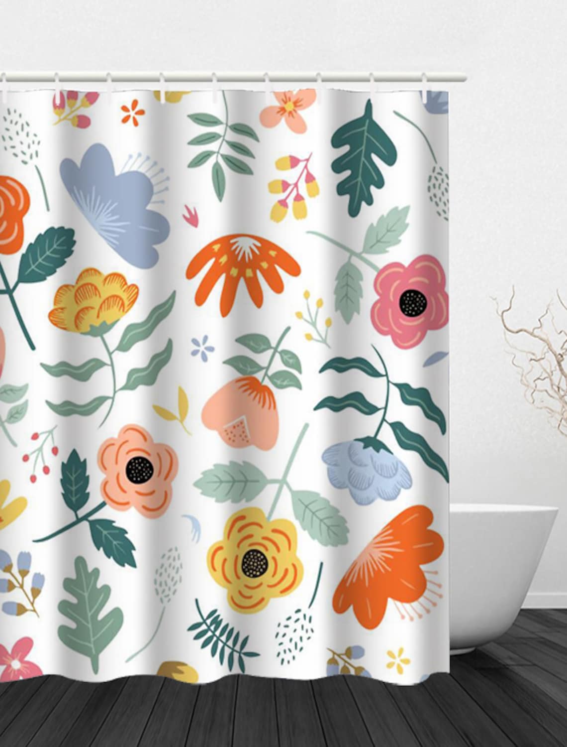 Rynx | Colorful flower and leaf garden shower curtain with hooks, bathroom curtains with ring, unique bathroom decoration, boho shower curtain, custom designed bathroom curtains, extra long shower curtain