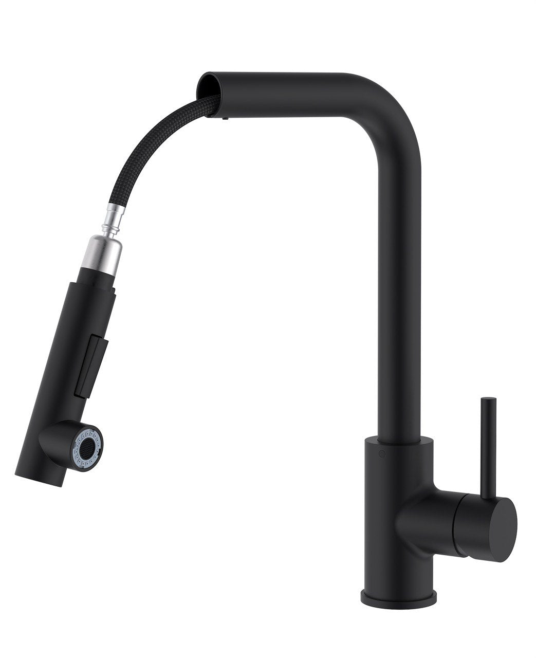 Rynx | Kitchen faucet with pull-out spray / Matte black design / Single hole installation / Single handle operation
