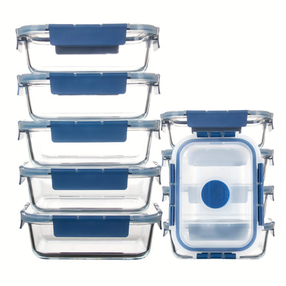 Rynx | 10-Pack Glass Meal Prep Containers Set with Airtight Lids – Durable Food Storage & Glass Lunch Boxes for Home, Kitchen, Office Navy Blue-A