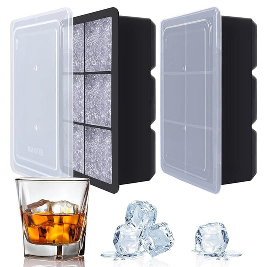 Rynx | 2 Pack Large Silicone Ice Cube Molds with Lid – 6 Cavity Flexible Ice Tray