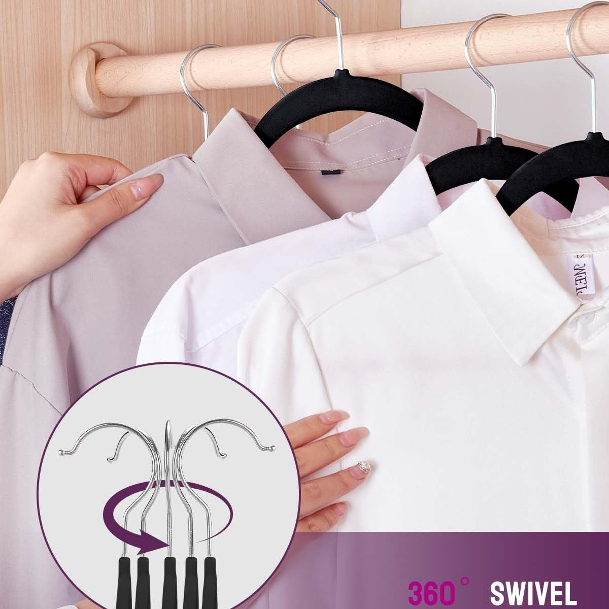 Rynx | 20/30/60 Pack Velvet Hangers - Premium Non-Slip Felt Hangers with Sturdy Black/White Finish - Heavy Duty Coat and Suit Hangers with Space-Saving 360° Rotating Rose Gold/Galvanized Metal Hook