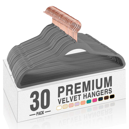 Rynx | 20/30/60 Pack Velvet Hangers - Premium Non-Slip Felt Hangers with Sturdy Black/White Finish - Heavy Duty Coat and Suit Hangers with Space-Saving 360° Rotating Rose Gold/Galvanized Metal Hook