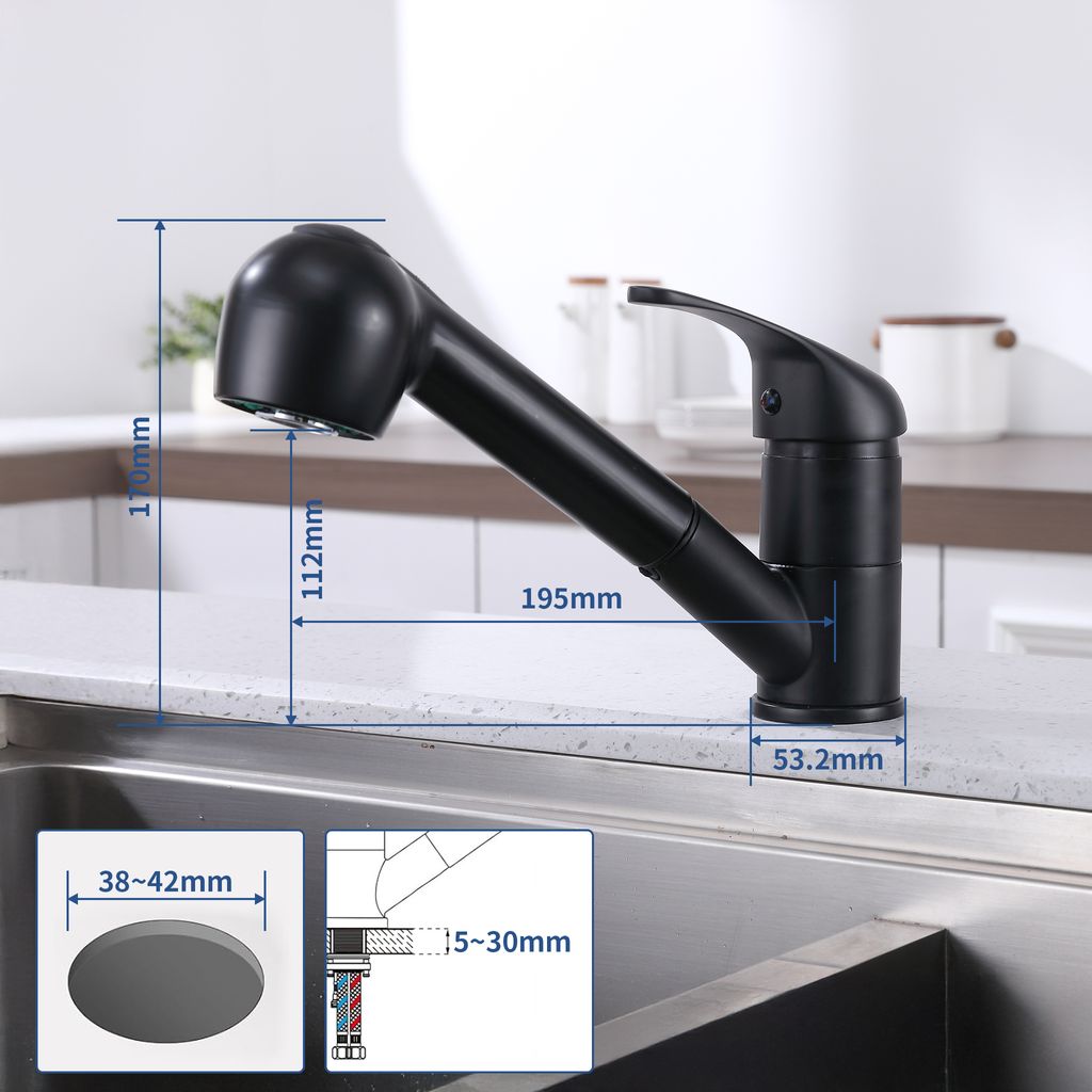 Rynx | Black Faucet Kitchen, Kitchen Faucets with 2 Spray Types Faucet with Pull-Out Spray, Mixing Valve Kitchen for Dual Sink
