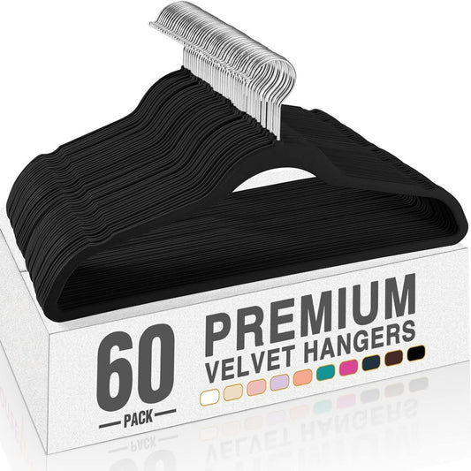 Rynx | 20/30/60 Pack Velvet Hangers - Premium Non-Slip Felt Hangers with Sturdy Black/White Finish - Heavy Duty Coat and Suit Hangers with Space-Saving 360° Rotating Rose Gold/Galvanized Metal Hook