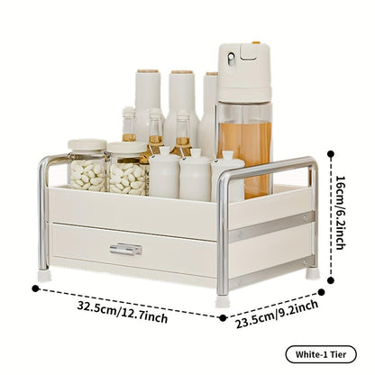 Rynx | Elegant milk-white stainless steel spice organizer with drawers, cutting board, and utensil holder for residential and commercial kitchens