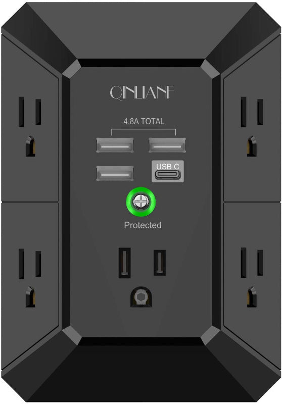 Rynx | Wall Charger Surge Protector, 5-outlet extension with 4 USB ports (4.8A), 1680J power outlet