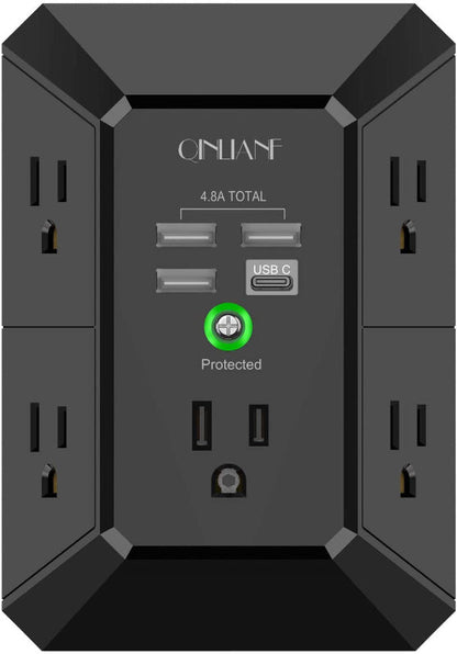 Rynx | Wall Charger Surge Protector, 5-outlet extension with 4 USB ports (4.8A), 1680J power outlet